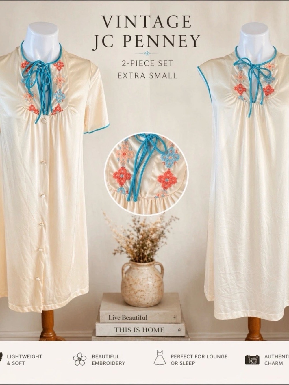 Vintage JCPenney Nylon Peignoir Set XS Cream Embroidered Floral Robe Gown
